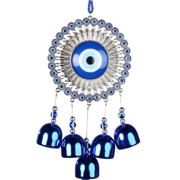 5 Bells Wind Chimes for Home Positive Energy, Evil Eye Wall Hanging, Blue, With Bells And Tassel, Nazar