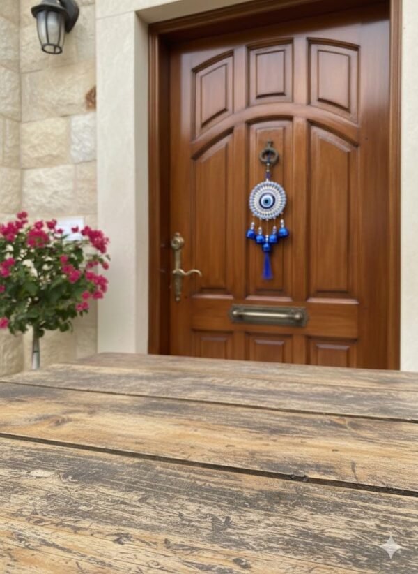 5 Bells Wind Chimes for Home Positive Energy, Evil Eye Wall Hanging, Blue, With Bells And Tassel, Nazar