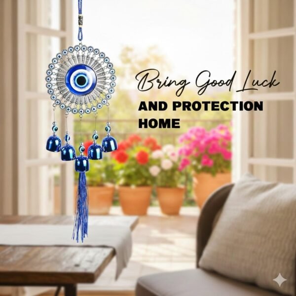 5 Bells Wind Chimes for Home Positive Energy, Evil Eye Wall Hanging, Blue, With Bells And Tassel, Nazar