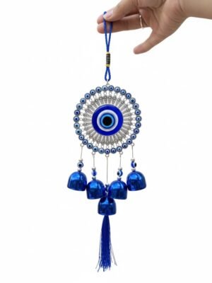5 Bells Wind Chimes for Home Positive Energy, Evil Eye Wall Hanging, Blue, With Bells And Tassel, Nazar