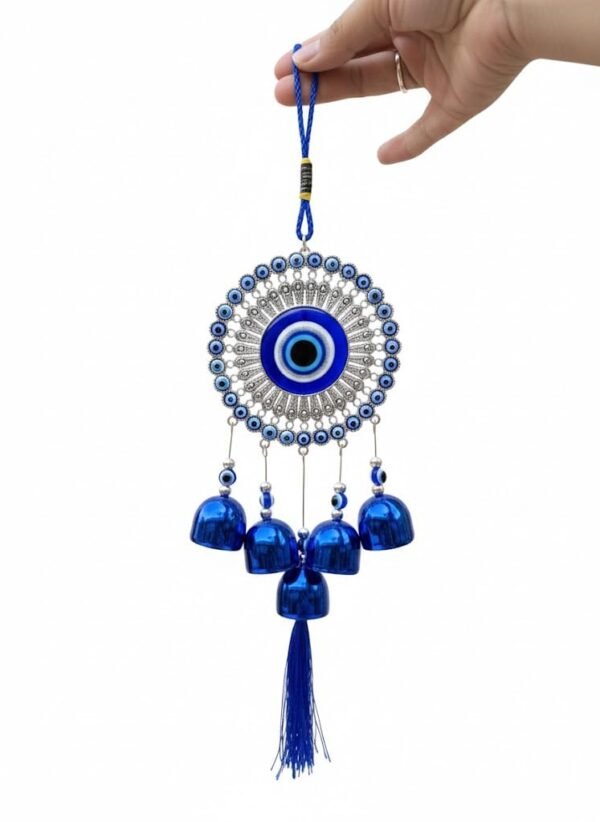5 Bells Wind Chimes for Home Positive Energy, Evil Eye Wall Hanging, Blue, With Bells And Tassel, Nazar
