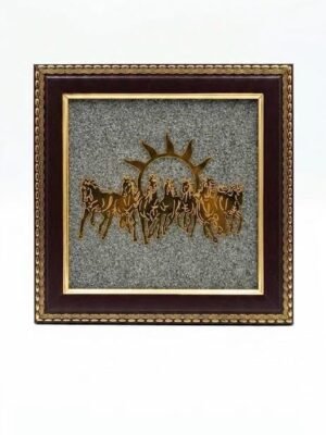DECOROID 7 Running Horses Wall Art, Gold and Brown, Sun Theme, Decorative Home Decor Seven Running Horses with Sun Wooden Wall Art for Living Room Décor, Money Attraction, Chakra Healing & Protection, 19x19 cm