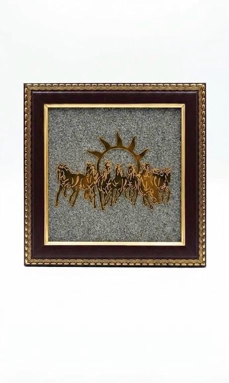 DECOROID 7 Running Horses Wall Art, Gold and Brown, Sun Theme, Decorative Home Decor Seven Running Horses with Sun Wooden Wall Art for Living Room Décor, Money Attraction, Chakra Healing & Protection, 19x19 cm
