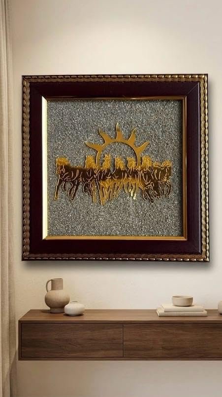 DECOROID 7 Running Horses Wall Art, Gold and Brown, Sun Theme, Decorative Home Decor Seven Running Horses with Sun Wooden Wall Art for Living Room Décor, Money Attraction, Chakra Healing & Protection, 19x19 cm