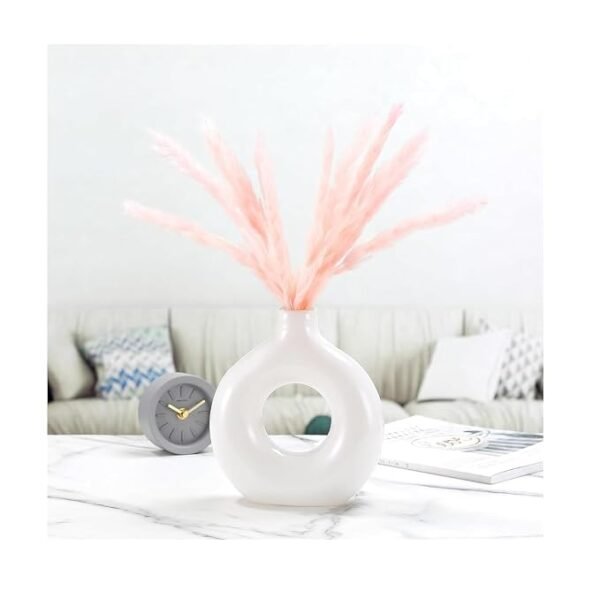 Modern Ceramic Donut Ring Flower Vase 15 cm White Minimalist Round Hollow Design Decorative Pot for Living Room Table Centerpiece