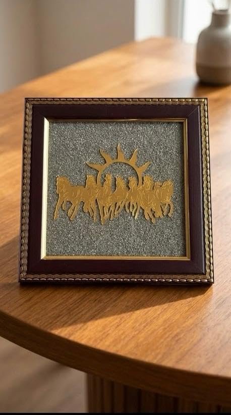 DECOROID 7 Running Horses Wall Art, Gold and Brown, Sun Theme, Decorative Home Decor Seven Running Horses with Sun Wooden Wall Art for Living Room Décor, Money Attraction, Chakra Healing & Protection, 19x19 cm