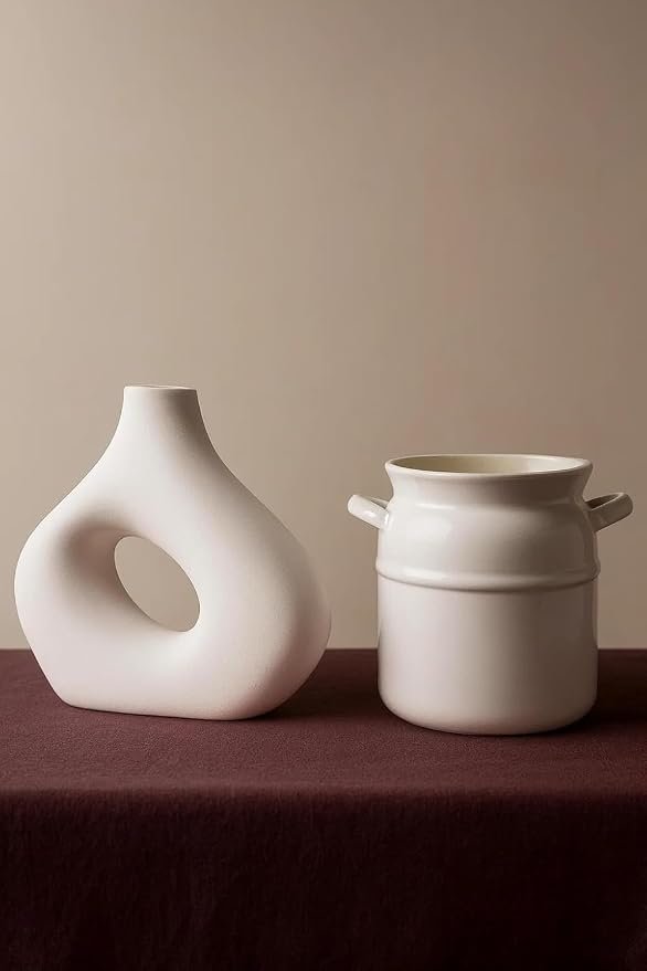 Pack of 2 Ceramic Vases, Modern Donut Hole & Milk Pot Design, Minimalist Nordic Style for Home Decor, Living Room, Bedroom, Table, Office