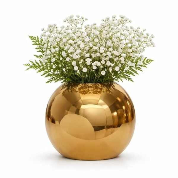 Small Round Gold Metal Vase, 5 Inch Decorative Flower Vase for Table, Shelf and Centerpiece Decor