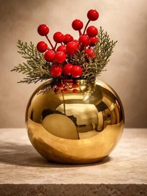 Small Round Gold Metal Vase, 5 Inch Decorative Flower Vase for Table, Shelf and Centerpiece Decor