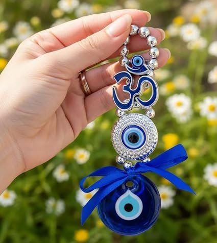 Evil Eye Wall Hanging with Om Symbol, Blue, Silver Beads, Decorative Charm, Protection Amulet Door Hanging Nazar Batu for Protection and Good Luck - Perfect for Gifting Home