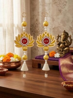 Handmade Shubh Labh Lotus Hanging Set with Premium Organza Pouch Decorative Door Hanging for Home Office and Gift