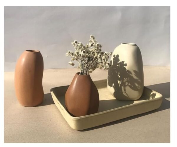 Set of 3 Handcrafted Ceramic Bud Vases with Distorted Nordic Shapes Terracotta and White Decorative Vases for Dried Flowers & Pampas Grass