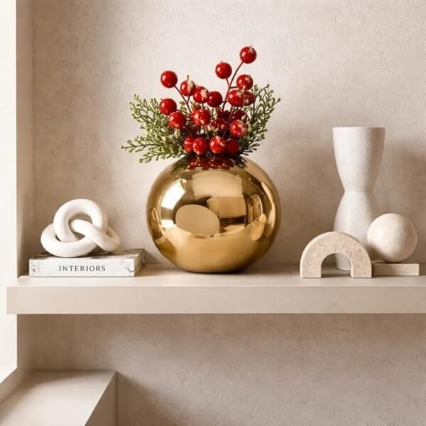 Small Round Gold Metal Vase, 5 Inch Decorative Flower Vase for Table, Shelf and Centerpiece Decor