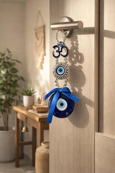 Evil Eye Wall Hanging with Om Symbol, Blue, Silver Beads, Decorative Charm, Protection Amulet Door Hanging Nazar Batu for Protection and Good Luck - Perfect for Gifting Home
