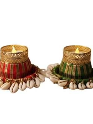 Handmade Decorative Candle Holder with Cowrie Shells Traditional Metal Candle Stand for Diwali Pooja Home Decor Festival Decoration Pack 2