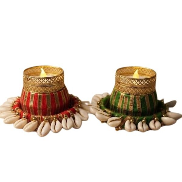 Handmade Decorative Candle Holder with Cowrie Shells Traditional Metal Candle Stand for Diwali Pooja Home Decor Festival Decoration Pack 2