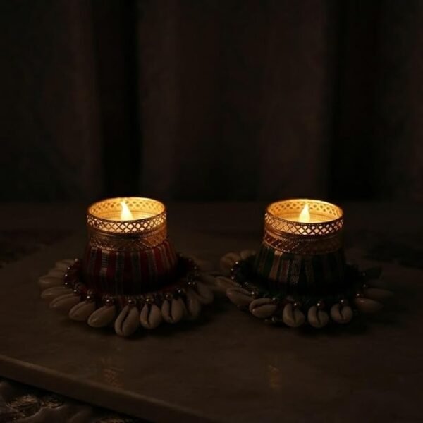 Handmade Decorative Candle Holder with Cowrie Shells Traditional Metal Candle Stand for Diwali Pooja Home Decor Festival Decoration Pack 2