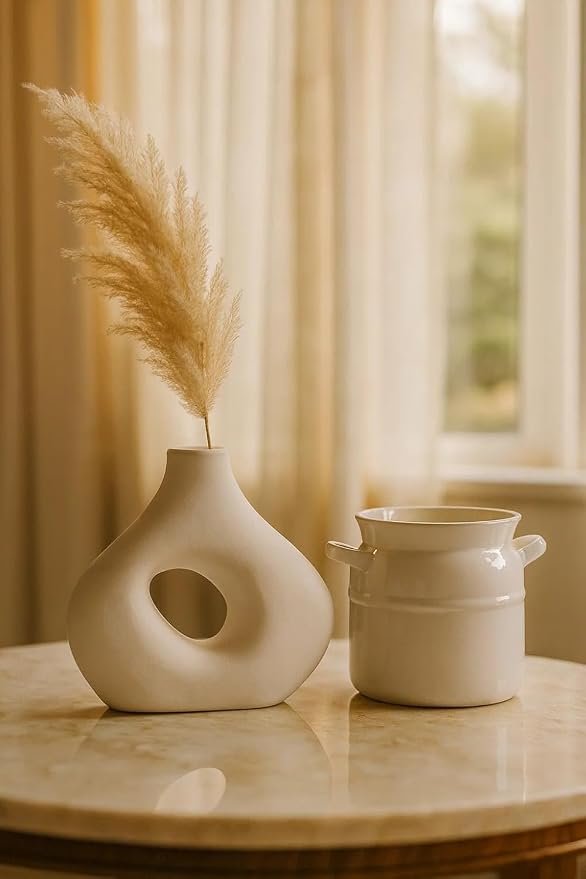 Pack of 2 Ceramic Vases, Modern Donut Hole & Milk Pot Design, Minimalist Nordic Style for Home Decor, Living Room, Bedroom, Table, Office