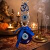 Evil Eye Wall Hanging with Om Symbol, Blue, Silver Beads, Decorative Charm, Protection Amulet Door Hanging Nazar Batu for Protection and Good Luck - Perfect for Gifting Home