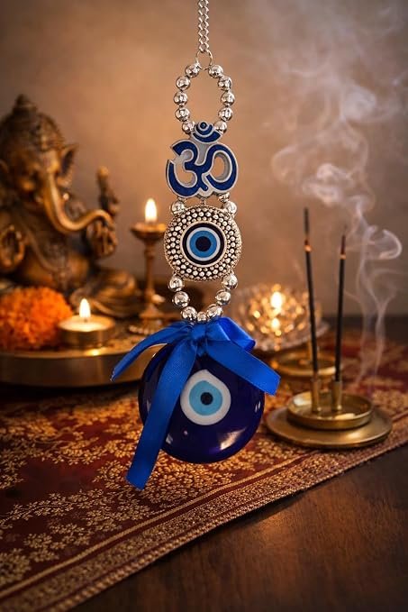 Evil Eye Wall Hanging with Om Symbol, Blue, Silver Beads, Decorative Charm, Protection Amulet Door Hanging Nazar Batu for Protection and Good Luck - Perfect for Gifting Home
