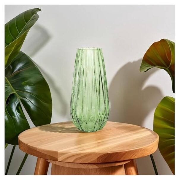 Decorative Glass Vase for Flowers and Plants, Modern Luster Finish, Home and Office Table Decor - (Green Diamond Cut, 10 Inches)