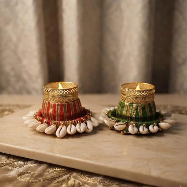 Handmade Decorative Candle Holder with Cowrie Shells Traditional Metal Candle Stand for Diwali Pooja Home Decor Festival Decoration Pack 2