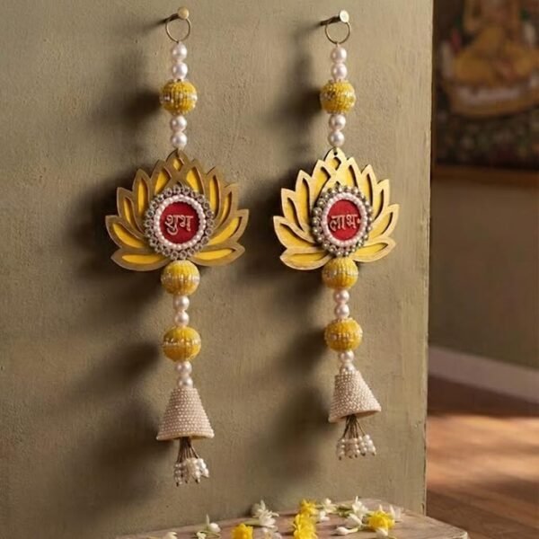 Handmade Shubh Labh Lotus Hanging Set with Premium Organza Pouch Decorative Door Hanging for Home Office and Gift