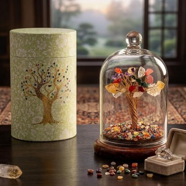 7 Chakra Crystal Tree in Glass Dome Natural Crystal Bonsai Tree Decorative Showpiece for Home Office Desk Vastu