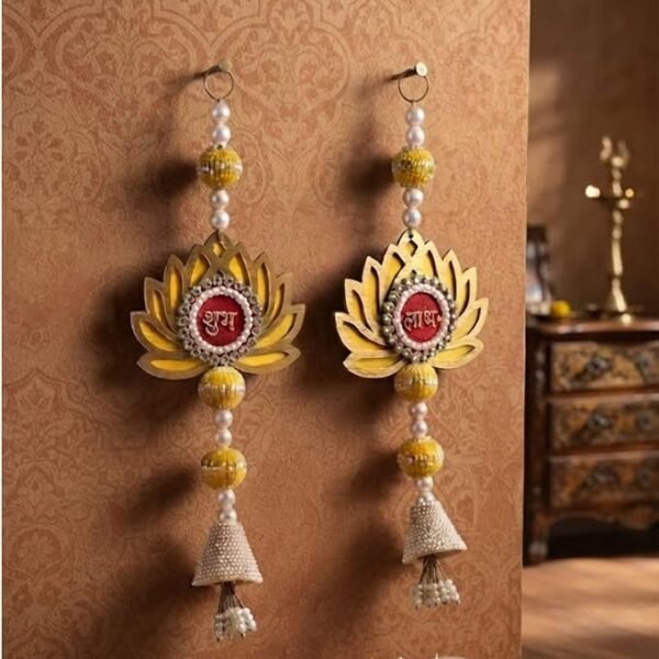 Handmade Shubh Labh Lotus Hanging Set with Premium Organza Pouch Decorative Door Hanging for Home Office and Gift