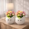 Cat Face Ceramic Vase Set of 2 – White with Artificial Flowers