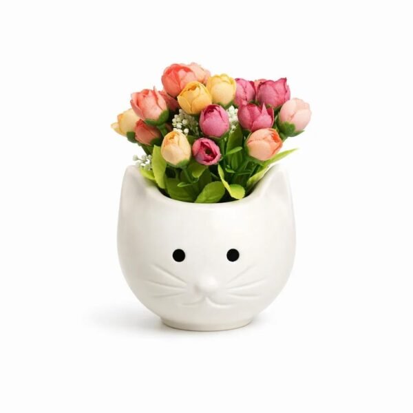 Cat Face Ceramic Vase Set of 2 – White with Artificial Flowers