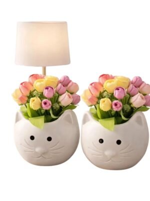 Cat Face Ceramic Vase White pack of 2 Cat Face Ceramic Vase Set of 2 – White with Artificial Flowers