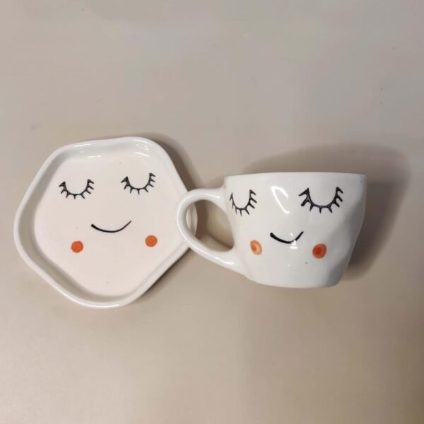 Decoroid Handcrafted White Ceramic Cup-1 Handcrafted White Ceramic Cup & Saucer Set – Cute Sleepy Face Print Tea Cup for Kitchen & Table Décor