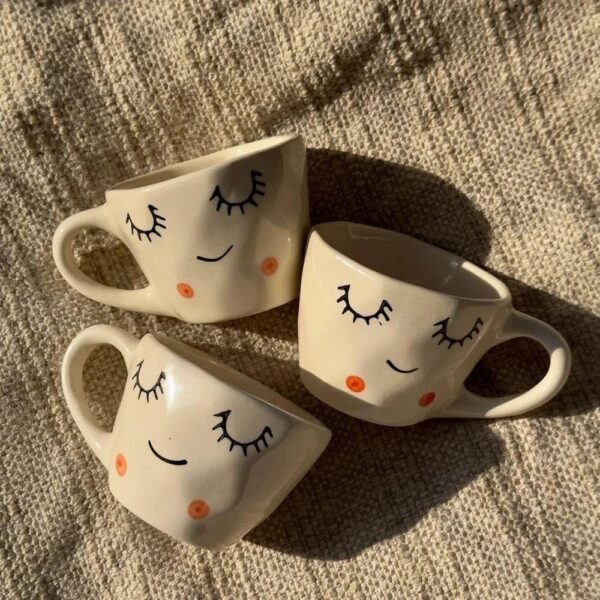 Decoroid Handcrafted White Ceramic Cup-2 Handcrafted White Ceramic Cup & Saucer Set – Cute Sleepy Face Print Tea Cup for Kitchen & Table Décor