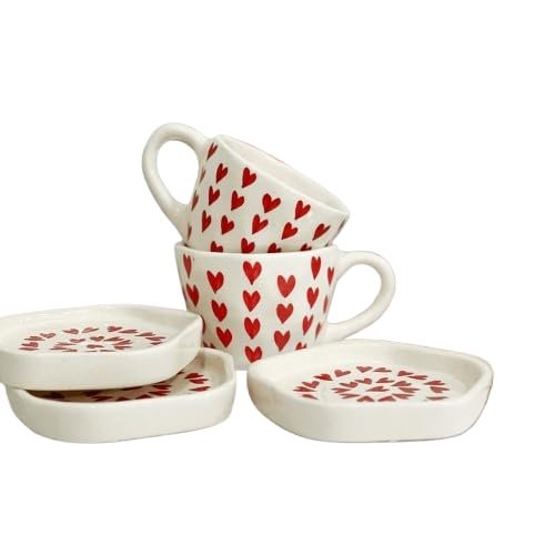 Love Latte Coffee Mug & Dessert Plate Set – Red Heart Design | 300 ML Cup & Plate Combo for Home, Office & Gifting