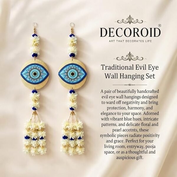 Fabric Artificial Flower Garland 24 Inch Wall Hanging Door Toran Evil Eye White Blue