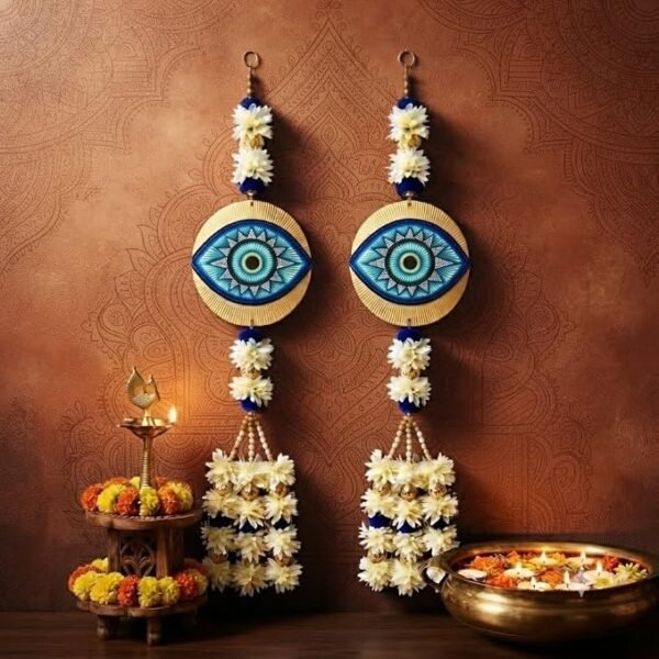 Fabric Artificial Flower Garland 24 Inch Wall Hanging Door Toran Evil Eye White Blue