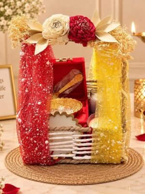 Decorative Gift Hamper Basket with Artificial Flowers Two Candle Holders Gift Box and Decorative Tray Festive Home Decor Set for Gifting