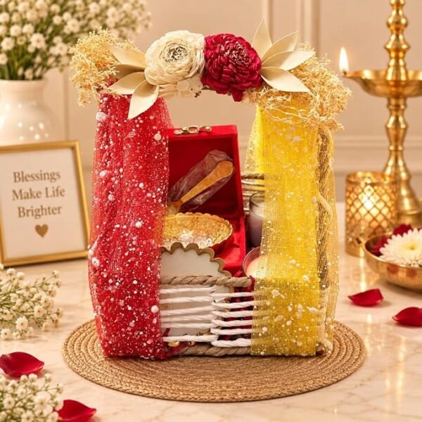 Decorative Gift Hamper Basket with Artificial Flowers Two Candle Holders Gift Box and Decorative Tray Festive Home Decor Set for Gifting