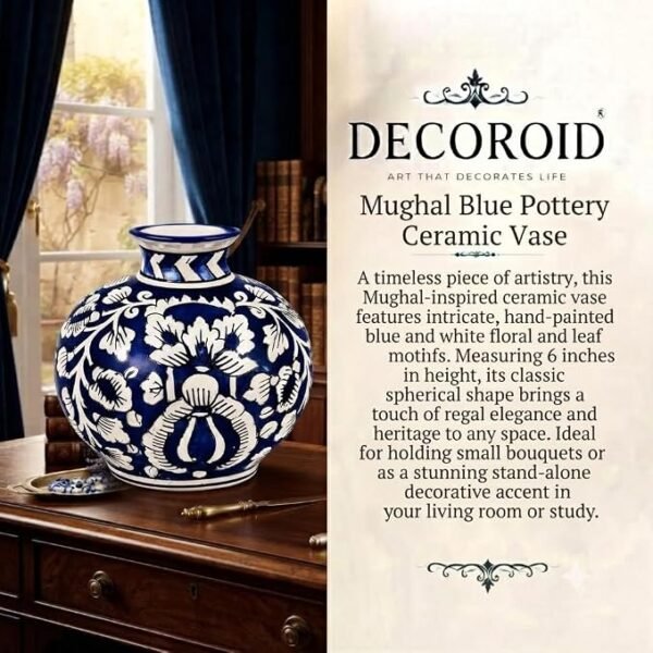 Mughal Blue Pottery Ceramic Vase 6 Inch Hand Painted Blue & White Decorative Flower Vase Glossy Table Vase for Living Room, Bedroom, Shelf, Office & Console Table Elegant Home Décor Accent