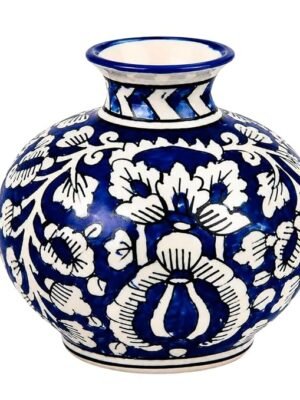 Mughal Blue Pottery Ceramic Vase 6 Inch Hand Painted Blue & White Decorative Flower Vase Glossy Table Vase for Living Room, Bedroom, Shelf, Office & Console Table Elegant Home Décor Accent