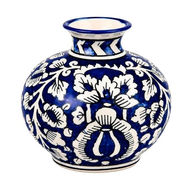 Mughal Blue Pottery Ceramic Vase 6 Inch Hand Painted Blue & White Decorative Flower Vase Glossy Table Vase for Living Room, Bedroom, Shelf, Office & Console Table Elegant Home Décor Accent