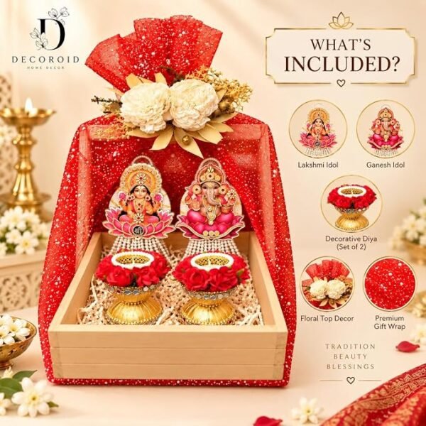 Lakshmi Ganesh Decorative Gift Hamper Basket with Artificial Flowers and Decorative Diyas Traditional Festive Home Decor Set for Gifting