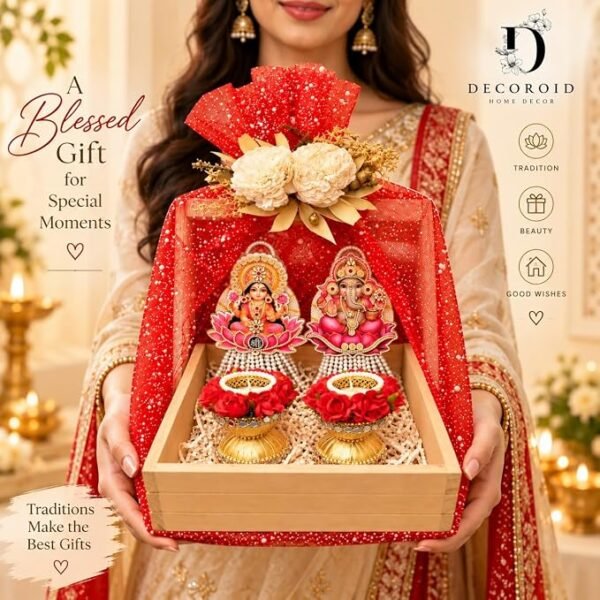 Lakshmi Ganesh Decorative Gift Hamper Basket with Artificial Flowers and Decorative Diyas Traditional Festive Home Decor Set for Gifting