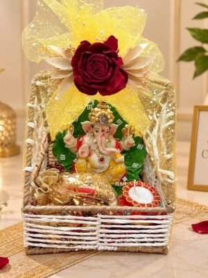 Decorative Ganesh Gift Hamper Basket with Artificial Flowers Decorative Candle and Gift Pouch Festive Home Decor Set for Gifting