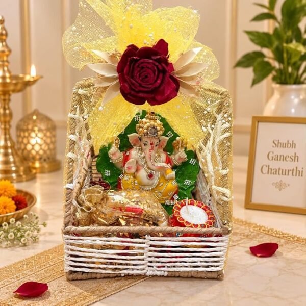 Decorative Ganesh Gift Hamper Basket with Artificial Flowers Decorative Candle and Gift Pouch Festive Home Decor Set for Gifting