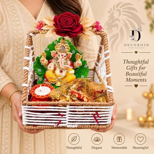 Decorative Ganesh Gift Hamper Basket with Artificial Flowers Decorative Candle and Gift Pouch Festive Home Decor Set for Gifting