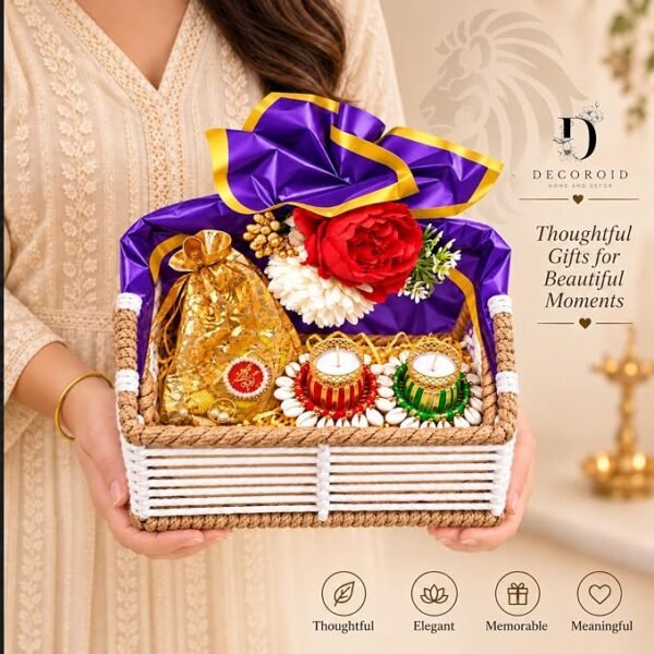 Decorative Gift Hamper Basket with Artificial Flowers Decorative Candle Holders Gift Pouch and Festive Decor Set for Home Decoration and Gifting