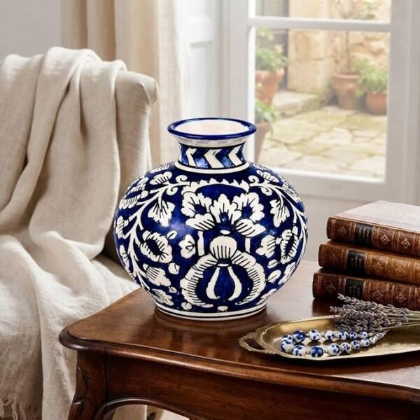 Mughal Blue Pottery Ceramic Vase 6 Inch Hand Painted Blue & White Decorative Flower Vase Glossy Table Vase for Living Room, Bedroom, Shelf, Office & Console Table Elegant Home Décor Accent