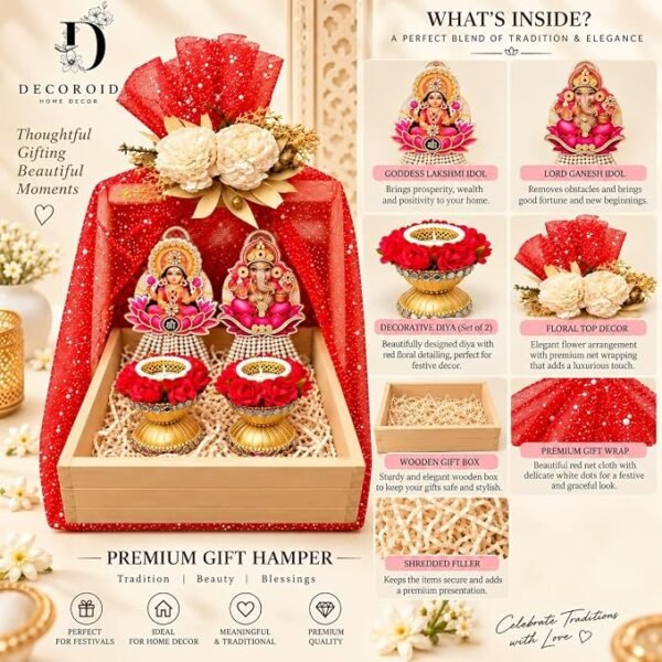 Lakshmi Ganesh Decorative Gift Hamper Basket with Artificial Flowers and Decorative Diyas Traditional Festive Home Decor Set for Gifting